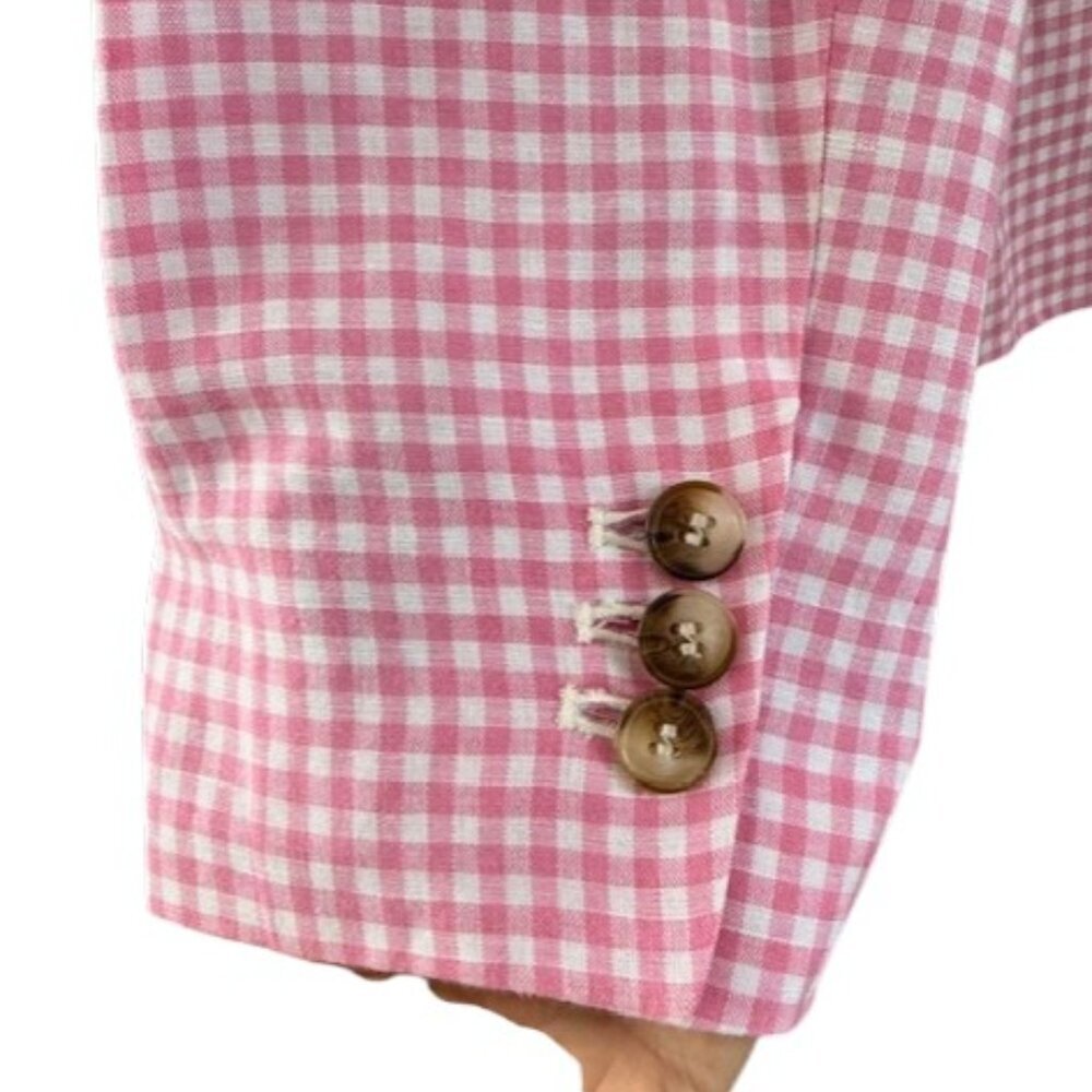 Talbots Women's Classic Summer Pink Blazer Gingham Plaid Linen Blend Sz 14P NWOT - Picture 6 of 13